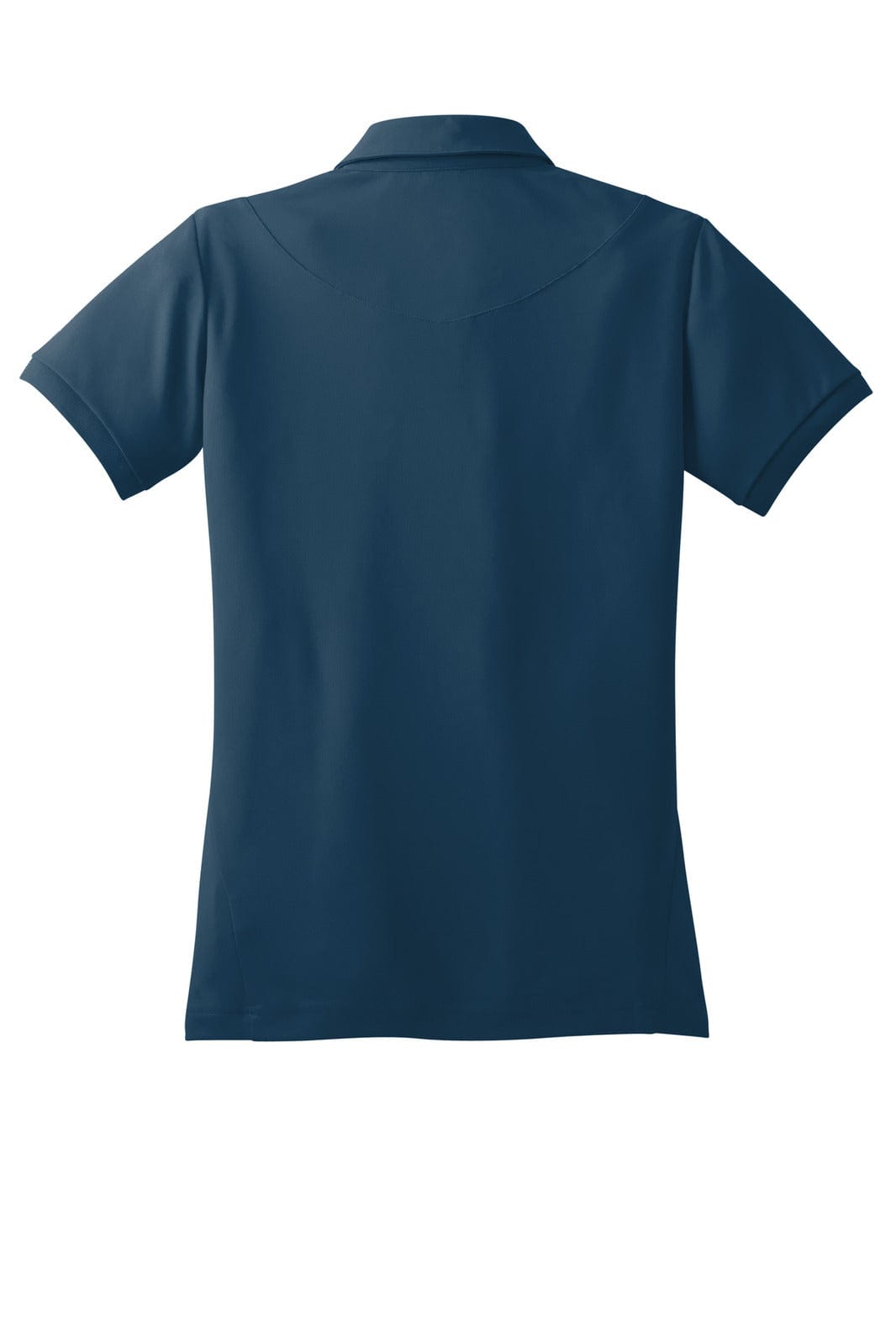 A navy blue polo shirt with a plain back design and short sleeves, featuring a logo on the chest area.