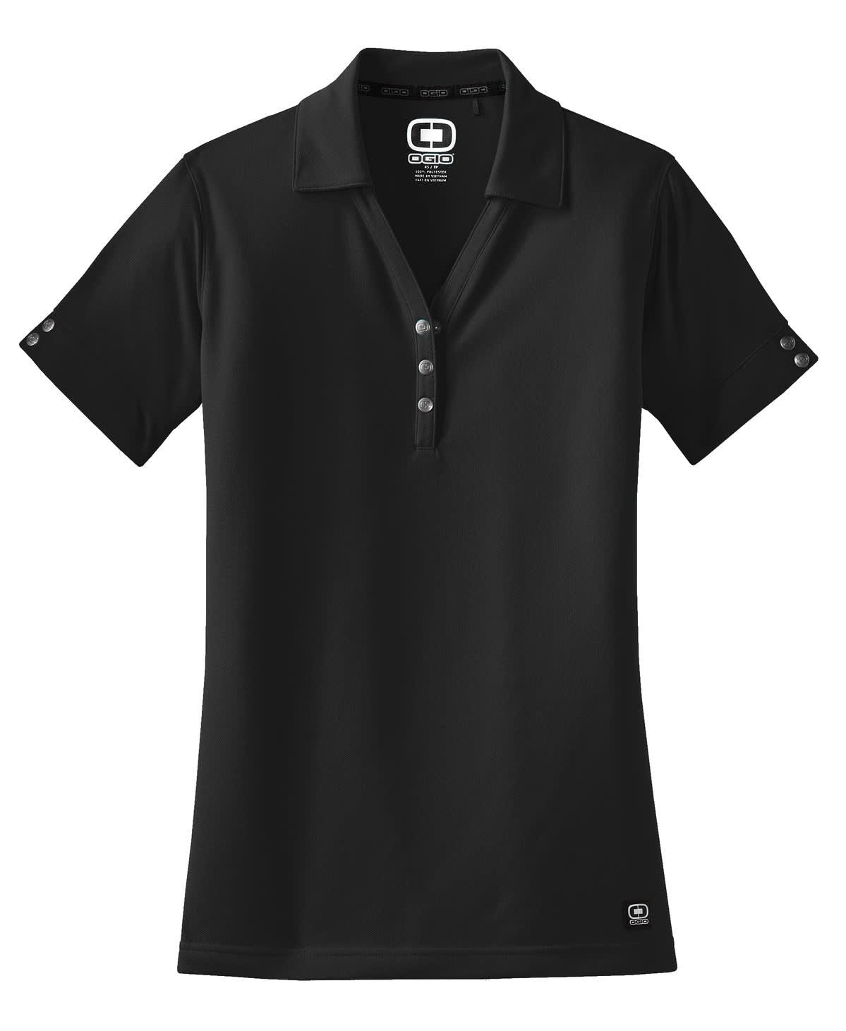 A black polo shirt with a collar, featuring button details and a logo. Ideal for casual wear.