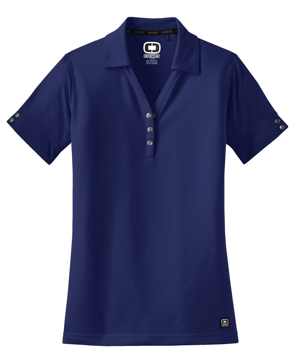 A navy blue polo shirt with a collar, short sleeves, and buttons. Features a logo on the chest area.