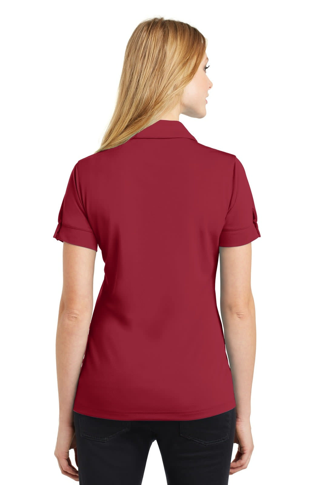 A red polo shirt with a collar and short sleeves, featuring a logo on the back.
