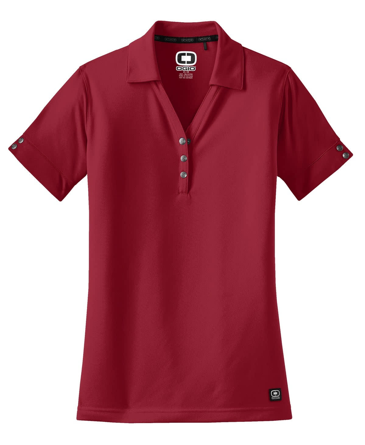 A red women's polo shirt with a collar, button detail, and a logo on the hem.