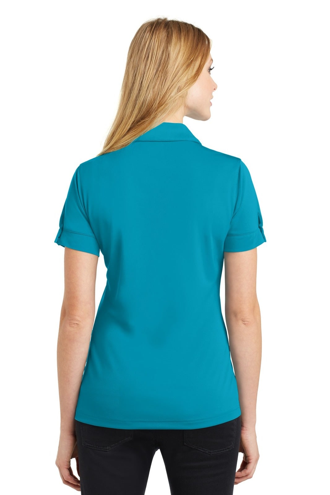 A turquoise polo shirt with a plain design and short sleeves, featuring a logo on the back.