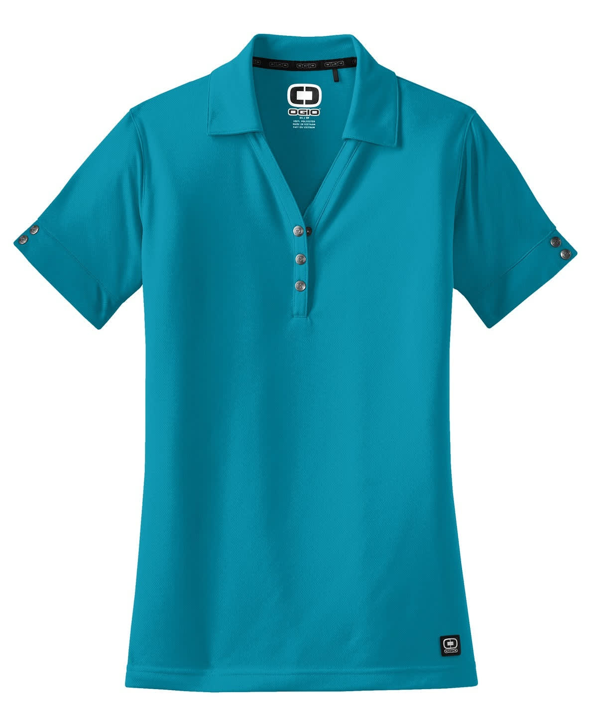 A teal polo shirt with a collared neckline and button details on the sleeves, featuring a logo.