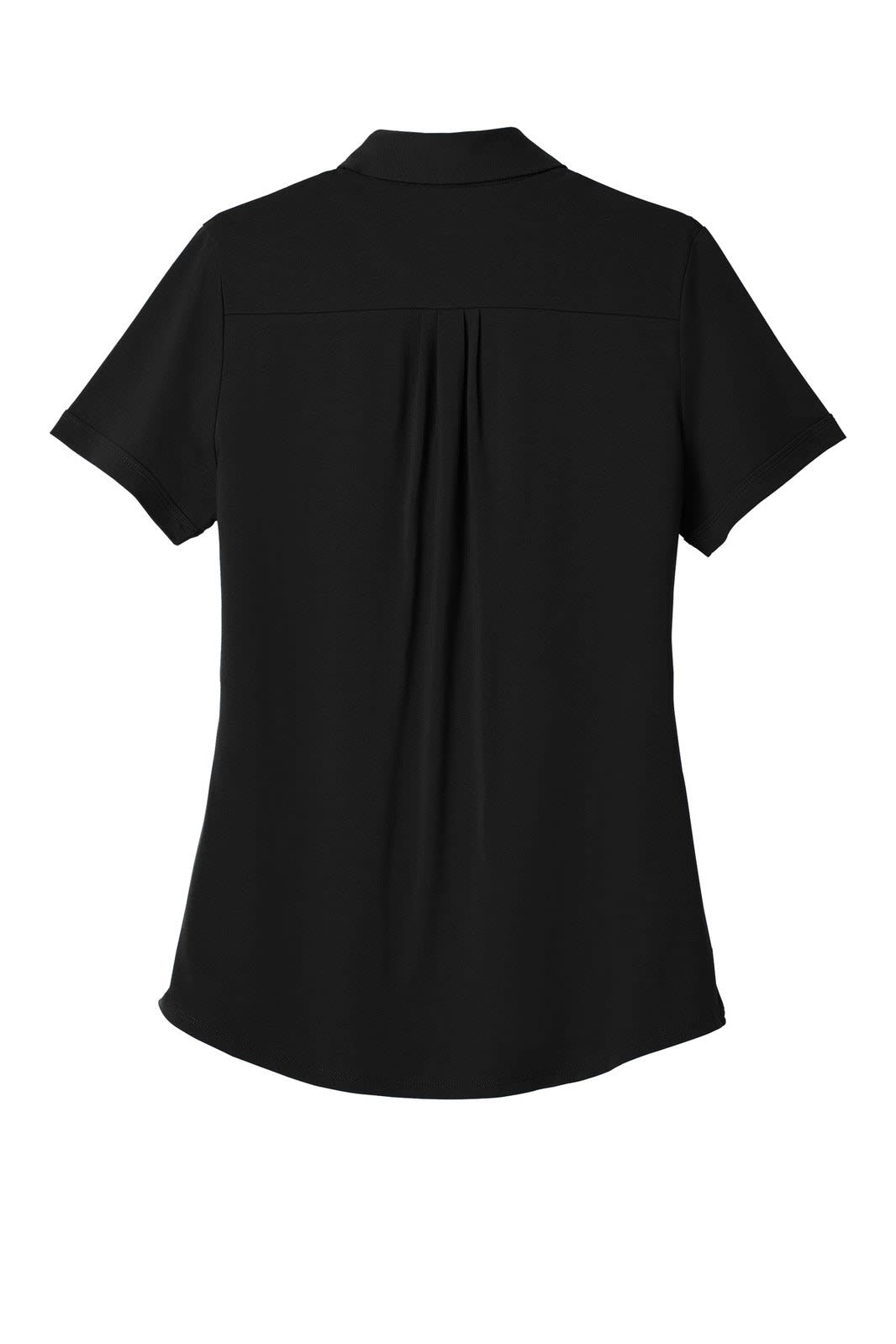 A black ladies' polo shirt with short sleeves and a pleat detail on the back, featuring a logo.