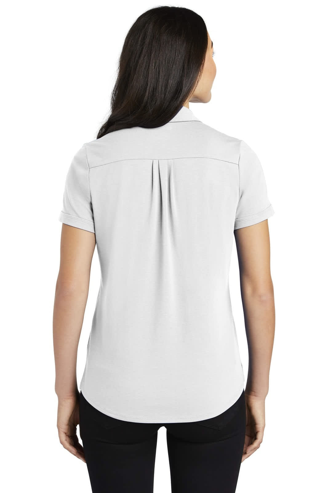 A light grey ladies' polo shirt featuring a back pleat and a collar. The shirt has a branding logo on it.
