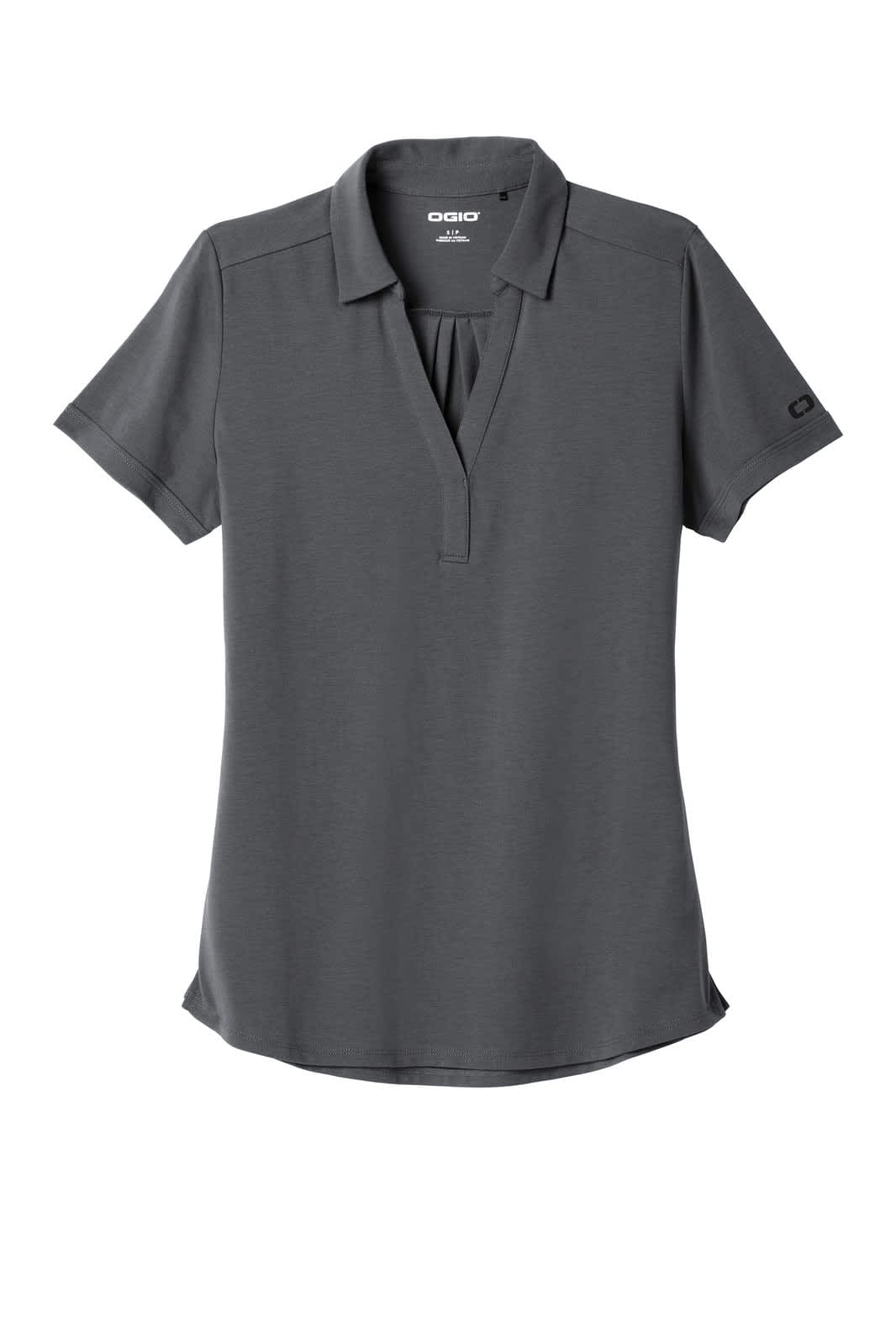 A dark grey polo shirt with a collar and a placket, featuring a logo on the sleeve.