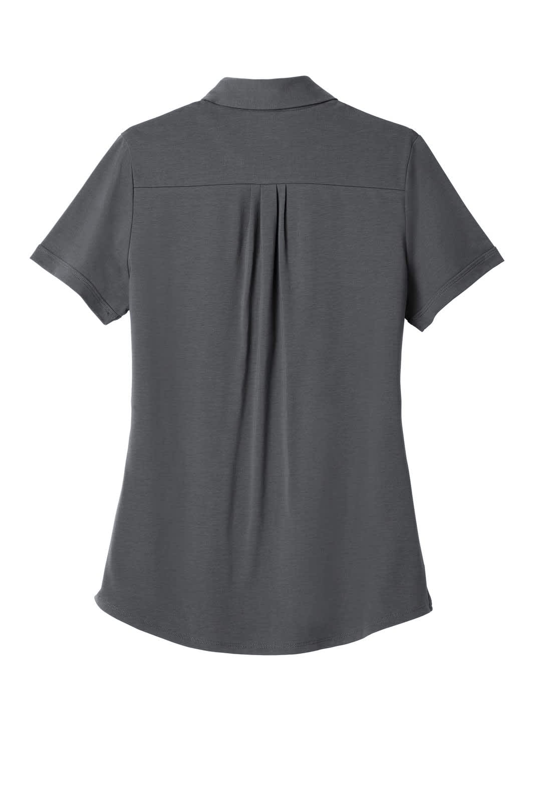A grey women's polo shirt with short sleeves and a back pleat. It features a subtle logo on the design.