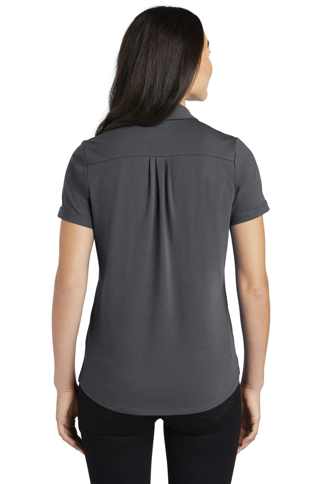 A grey ladies' polo shirt with a back pleat, featuring a collar and short sleeves, and a logo.