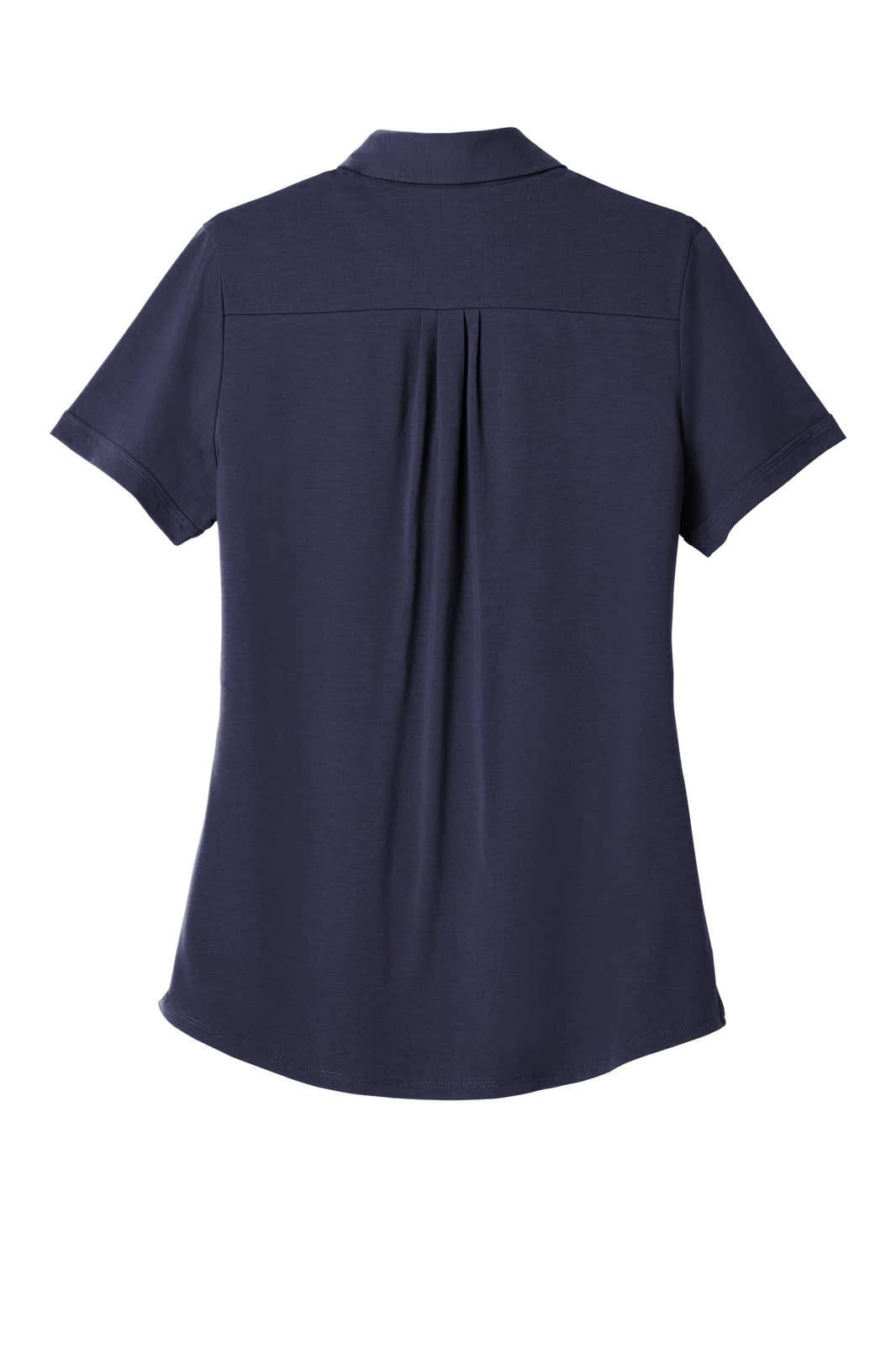 A navy blue polo shirt with a pleat detail at the back and short sleeves, featuring a subtle logo.