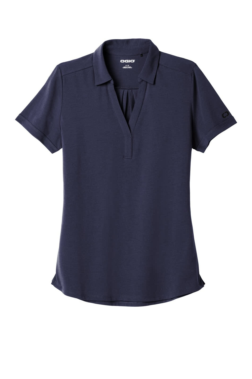 A navy blue polo shirt with a modified collar and short sleeves, featuring a small logo on the sleeve.