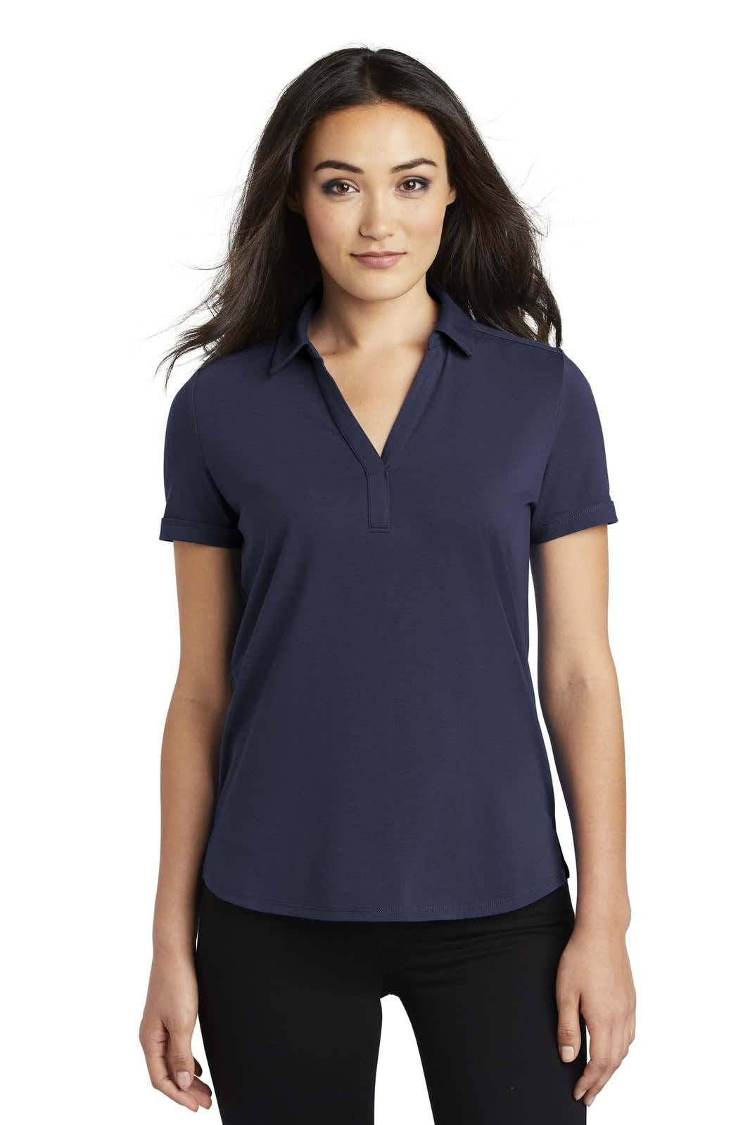 A navy blue women's polo shirt featuring a collar and a logo. Short sleeves and a tailored fit are evident.