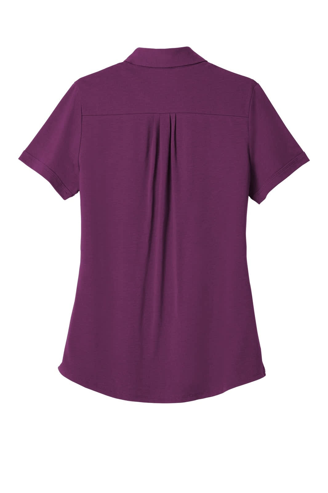 A purple ladies' polo shirt featuring a back pleat and short sleeves, includes a logo.