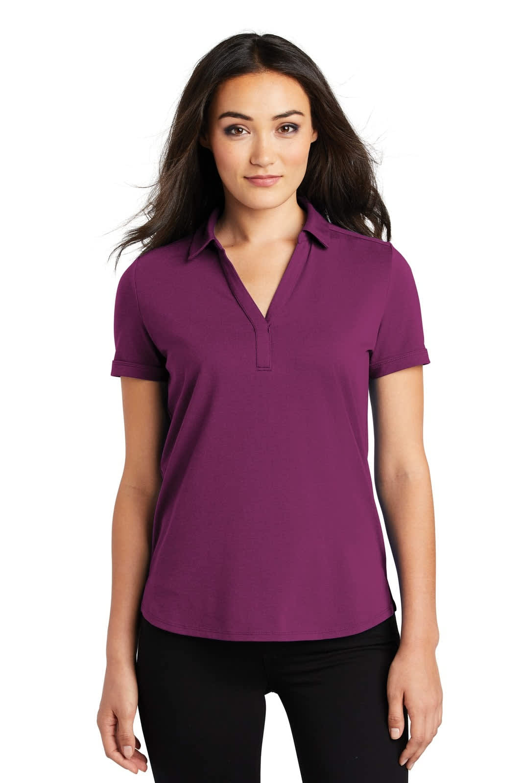 A purple polo shirt for women featuring a collar and short sleeves. The shirt has a logo.