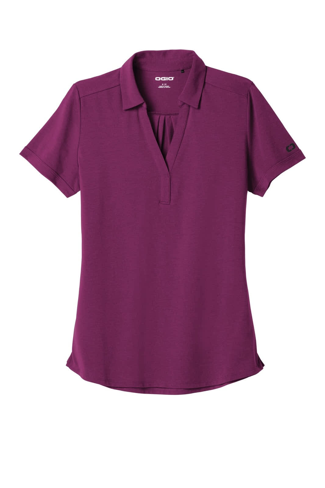 A purple ladies' polo shirt featuring a collar and short sleeves, with a logo on one sleeve.