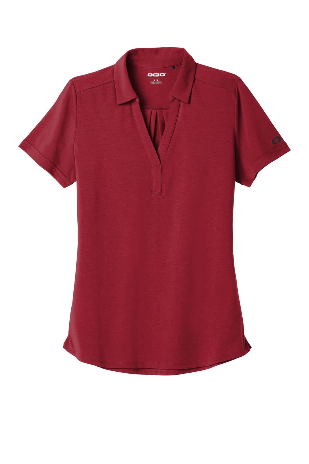 A red OGIO ladies' polo shirt with a collar and a logo on the sleeve. Short sleeves and a relaxed fit are featured.