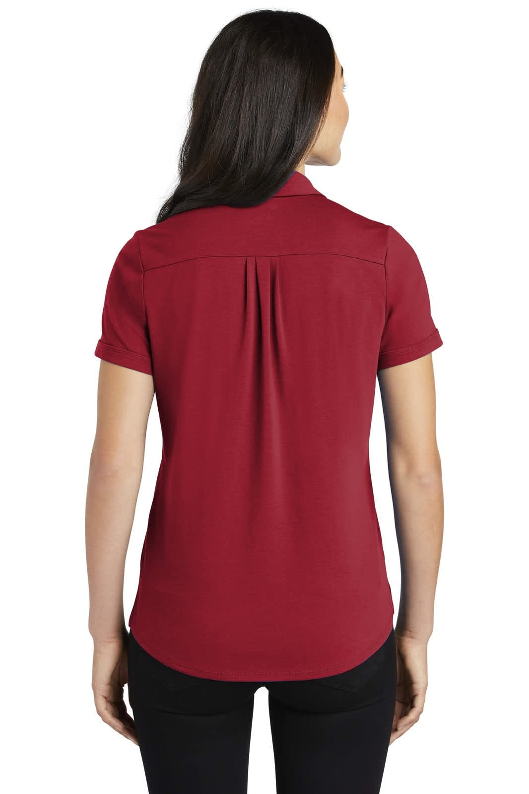 A red women's polo shirt with a back pleat and short sleeves, featuring a logo on the upper back.