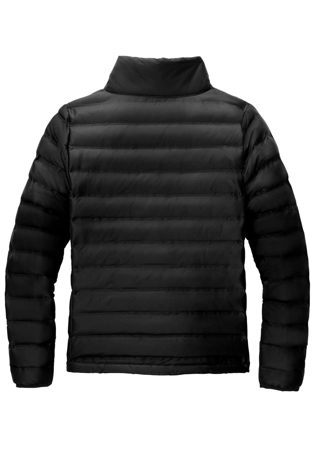 A black puffer jacket featuring a full zip and quilted design, with a high collar and no visible logos.