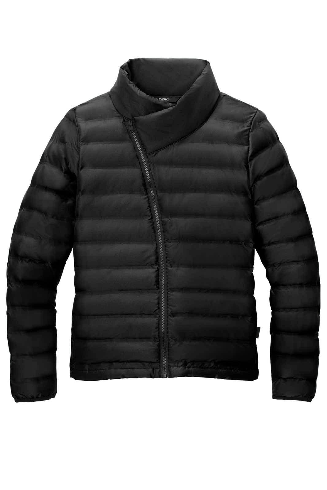 A black puffer jacket with a full zip and collar, featuring a sleek and modern design. It has a logo present.