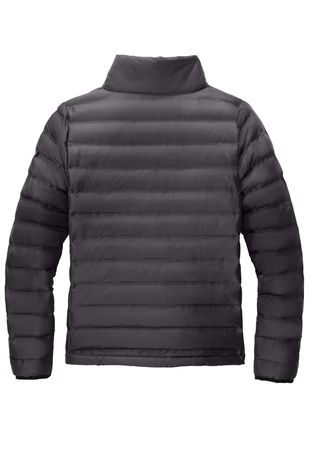 A ladies' puffer jacket in black, featuring a full zip and a high collar, with a textured quilted design.