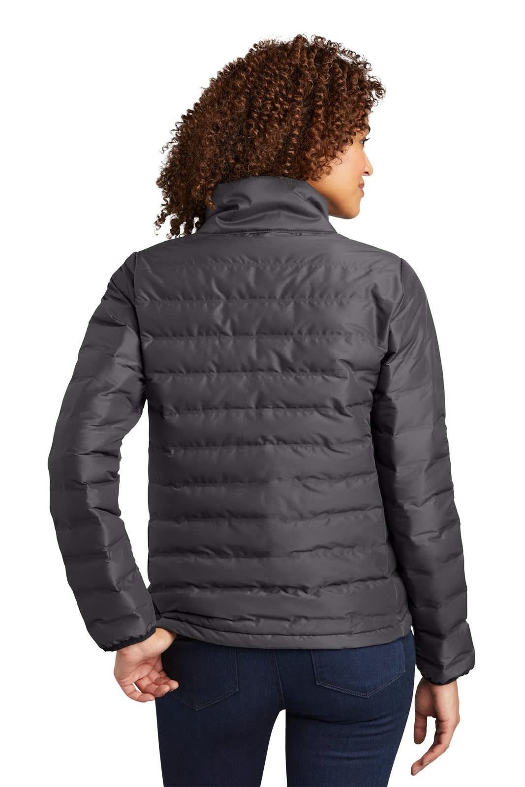 A grey puffer jacket featuring a full zip and a high collar, viewed from the back. Includes branding.