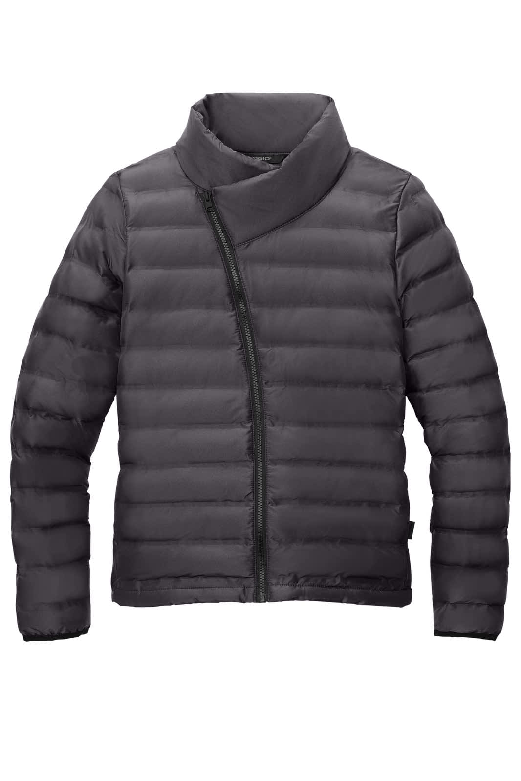 A puffer jacket in black with a full zip and a unique collar design, featuring a subtle logo.