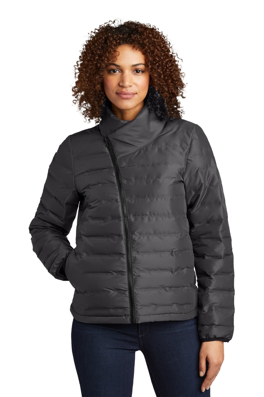 A woman wearing a black puffer jacket with a full zip and a casual style, featuring a logo on the sleeve.