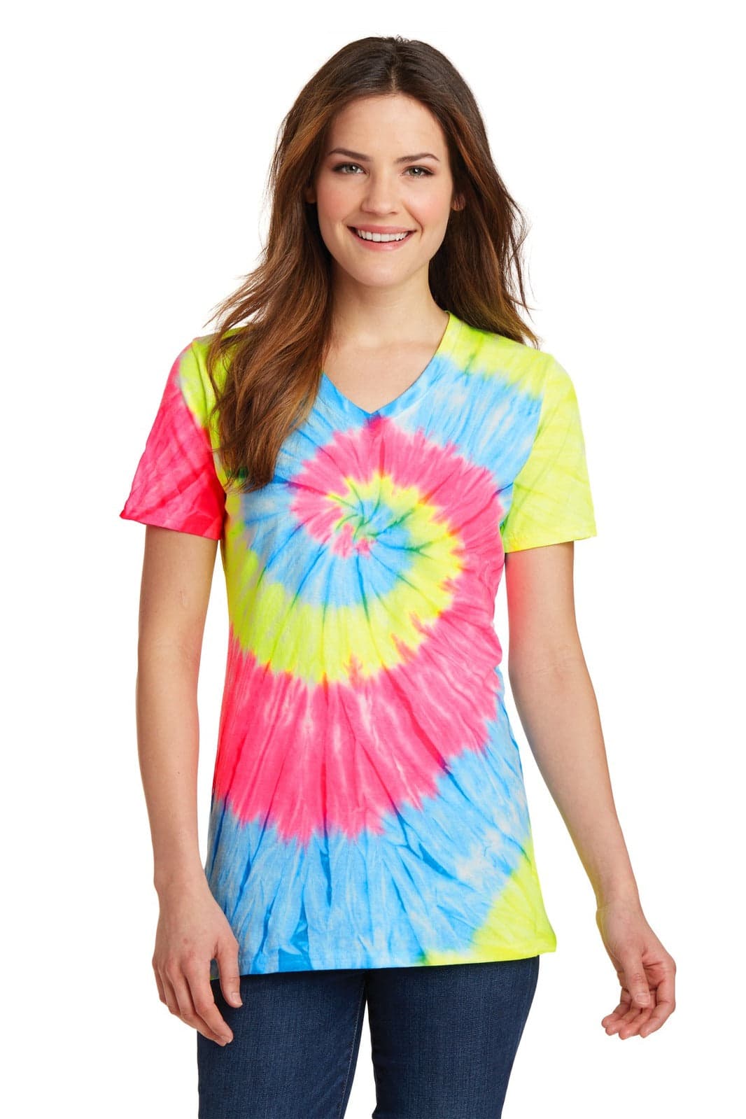 A vibrant ladies tie-dye V-neck tee in pink, blue, and yellow with a spiral pattern, featuring a logo.