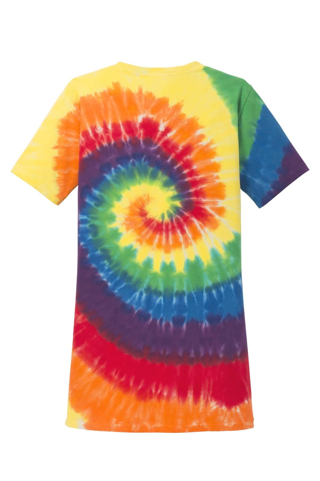 A tie-dye v-neck tee in vibrant colours including yellow, green, blue, red, and orange, featuring a spiral pattern and a logo.