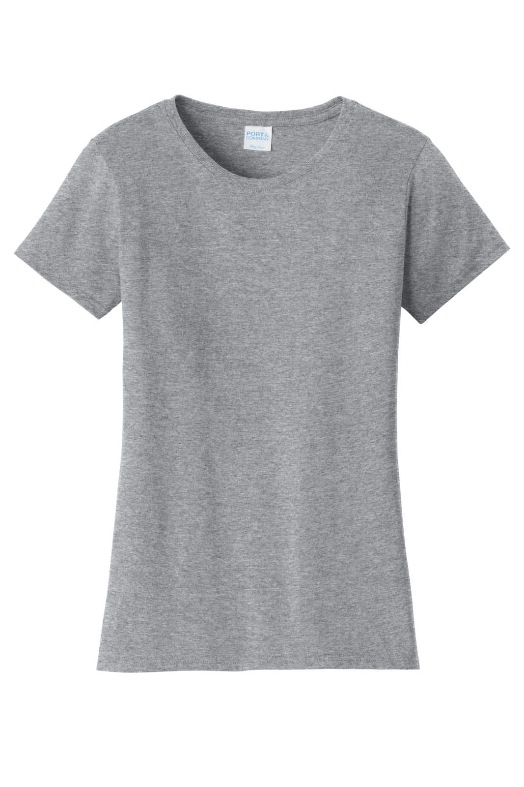 A grey women's t-shirt with a crew neck and short sleeves. The shirt features a logo on the label.
