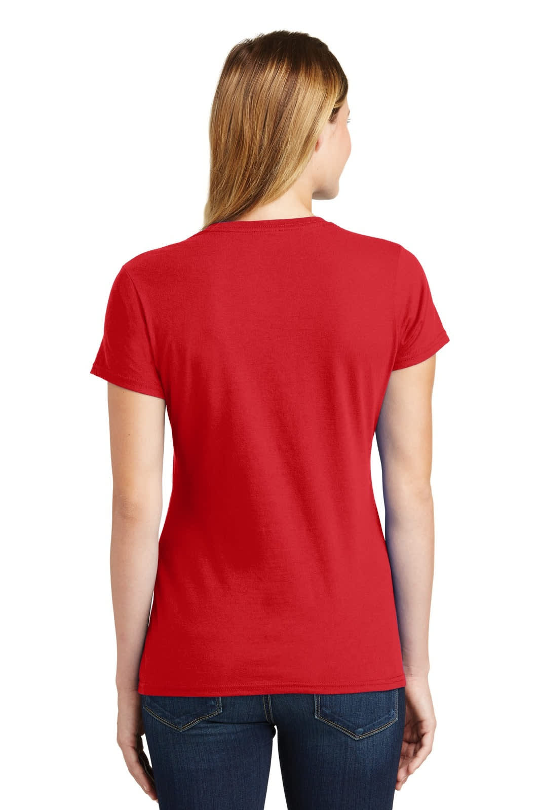 A red women's t-shirt with a classic fit, featuring short sleeves and a simple back design.