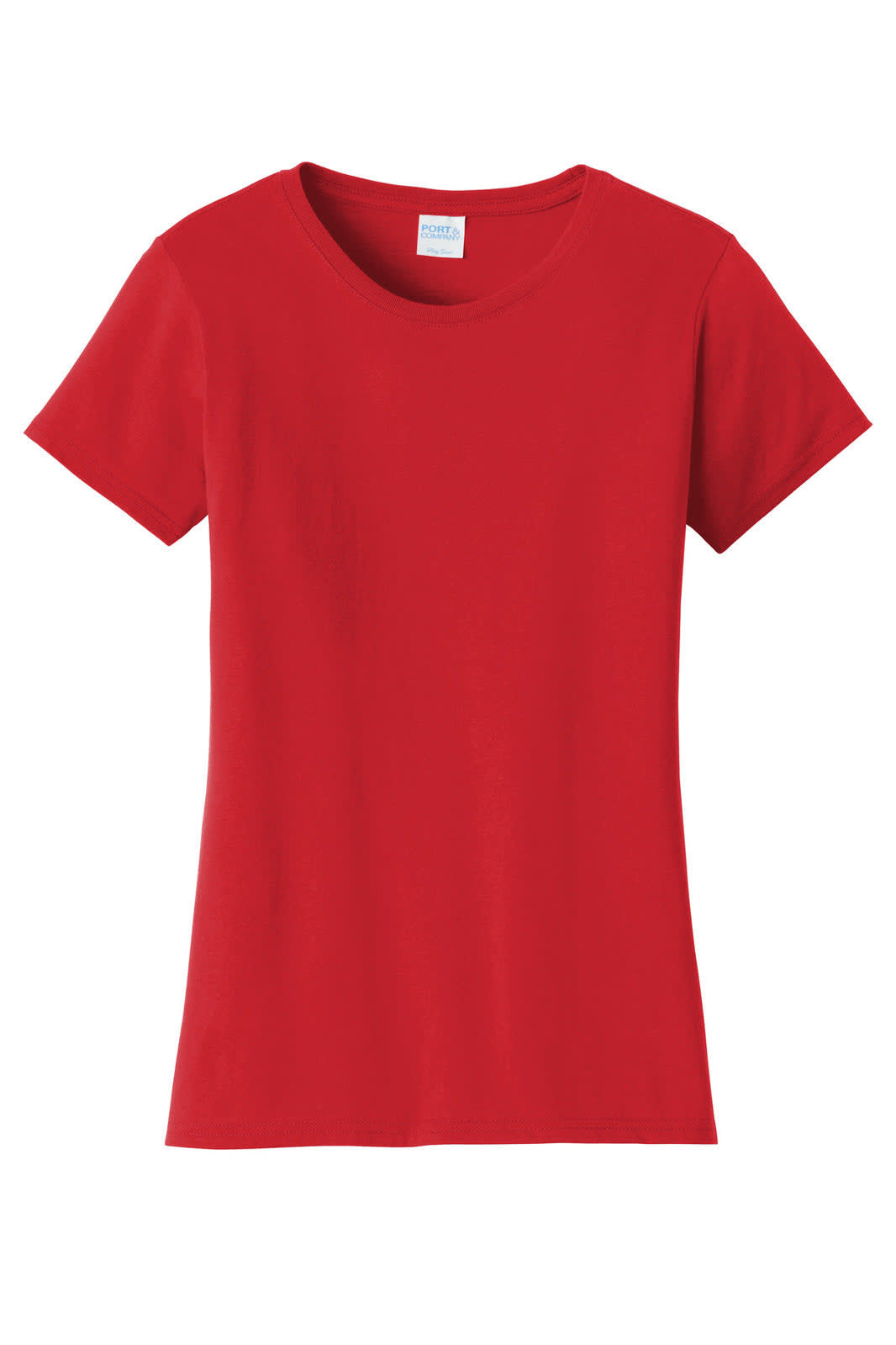 A red ladies t-shirt with a classic cut and short sleeves. It features a logo on the label area.