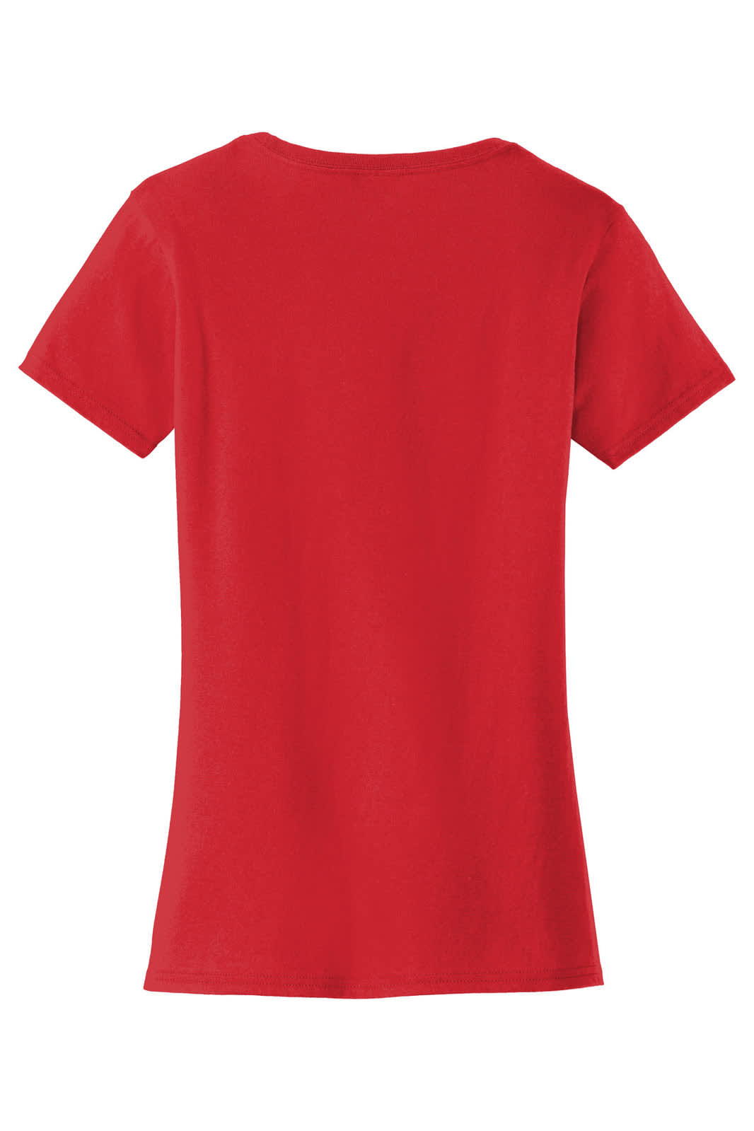 A red ladies' t-shirt with a curved neckline and short sleeves, featuring a logo on the back.