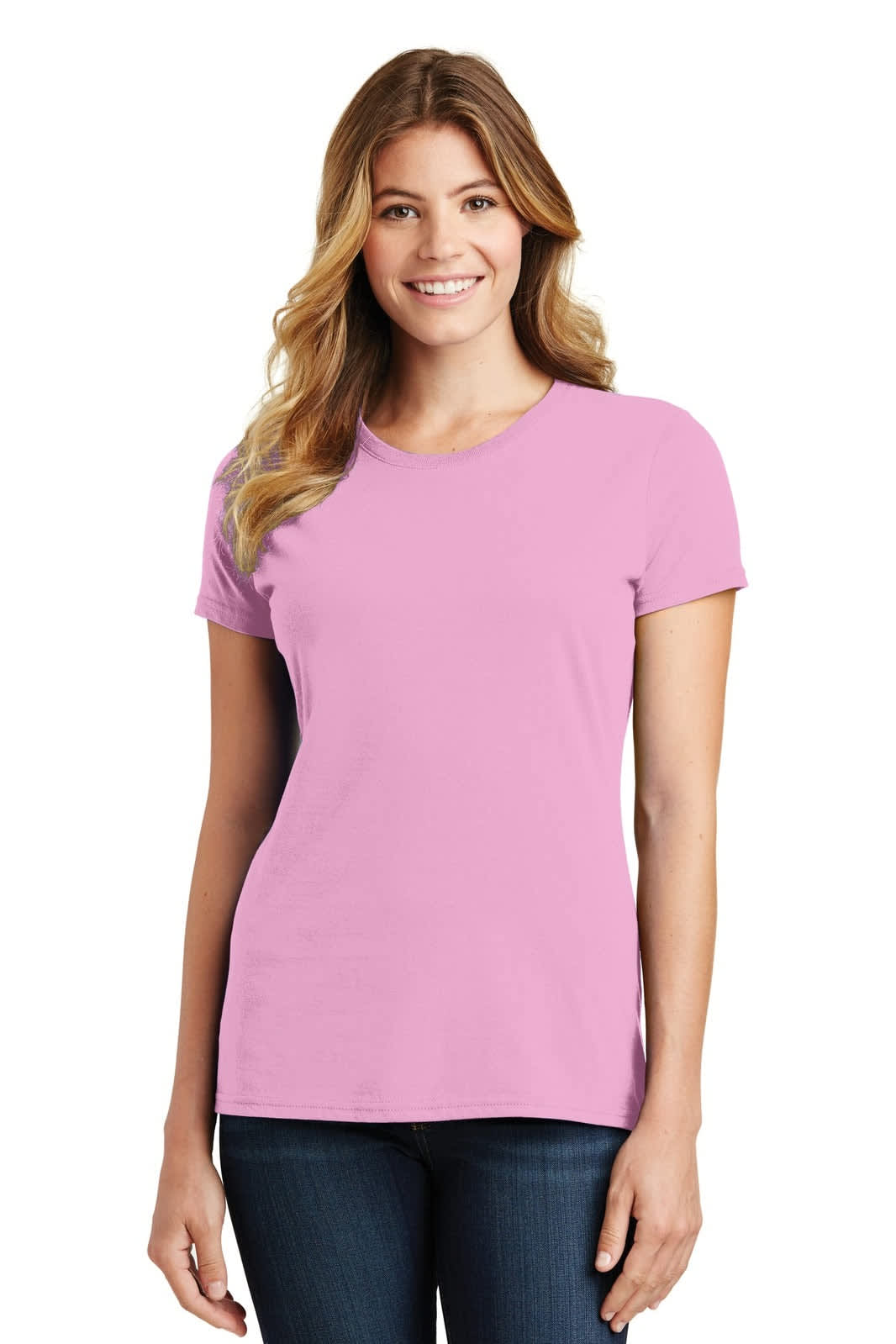 A woman wearing a pink short-sleeve t-shirt, standing and smiling. The shirt features a logo.