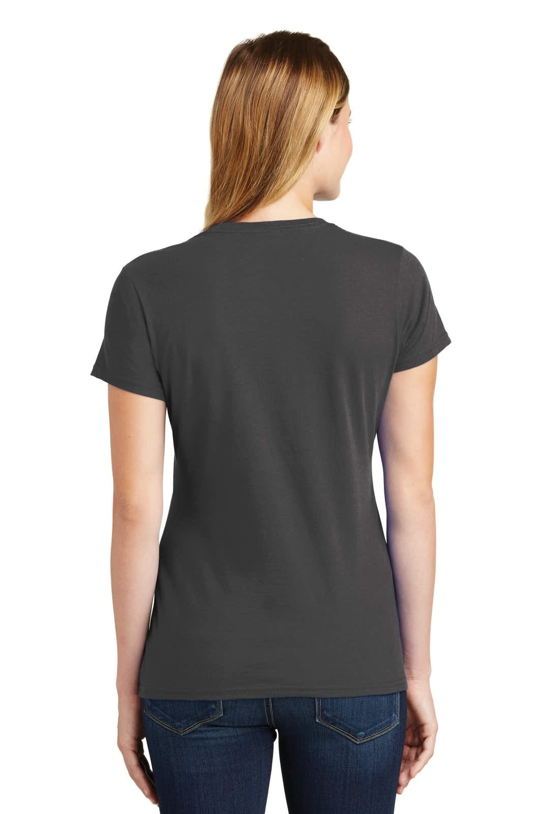 A grey women's t-shirt with short sleeves, displayed from the back. The shirt has a logo.