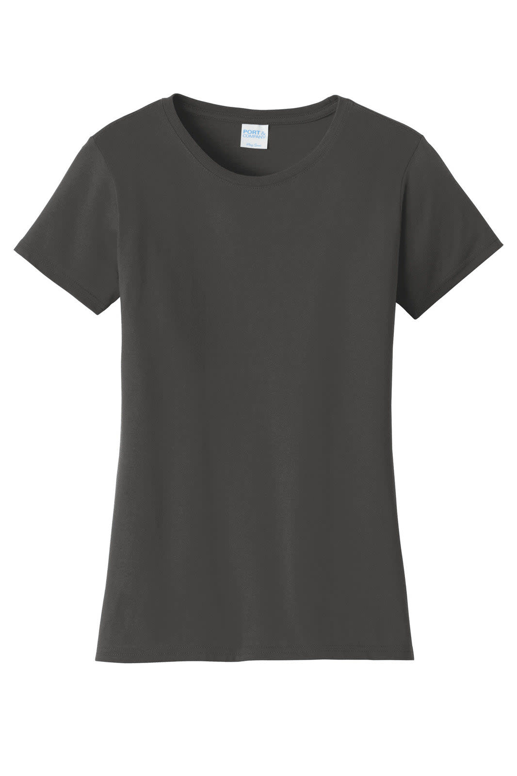 A grey ladies' t-shirt with a classic crew neck and short sleeves. It features a branding logo.