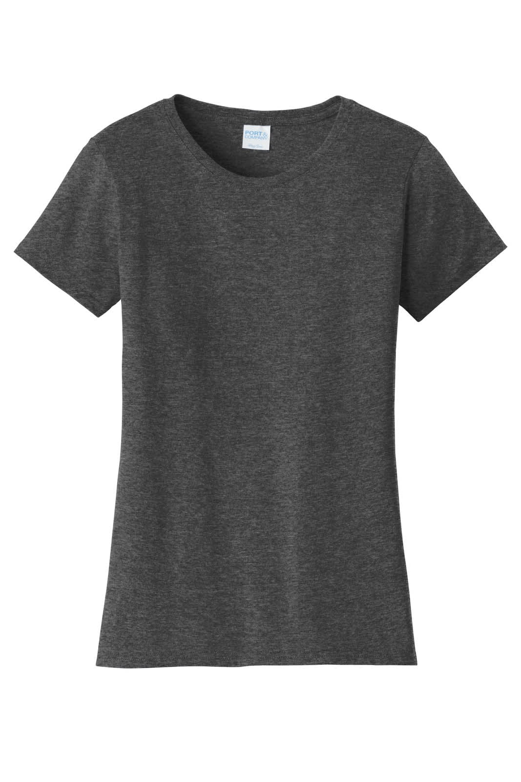 A dark grey women's t-shirt with a round neckline and short sleeves. It has a small logo on the label.