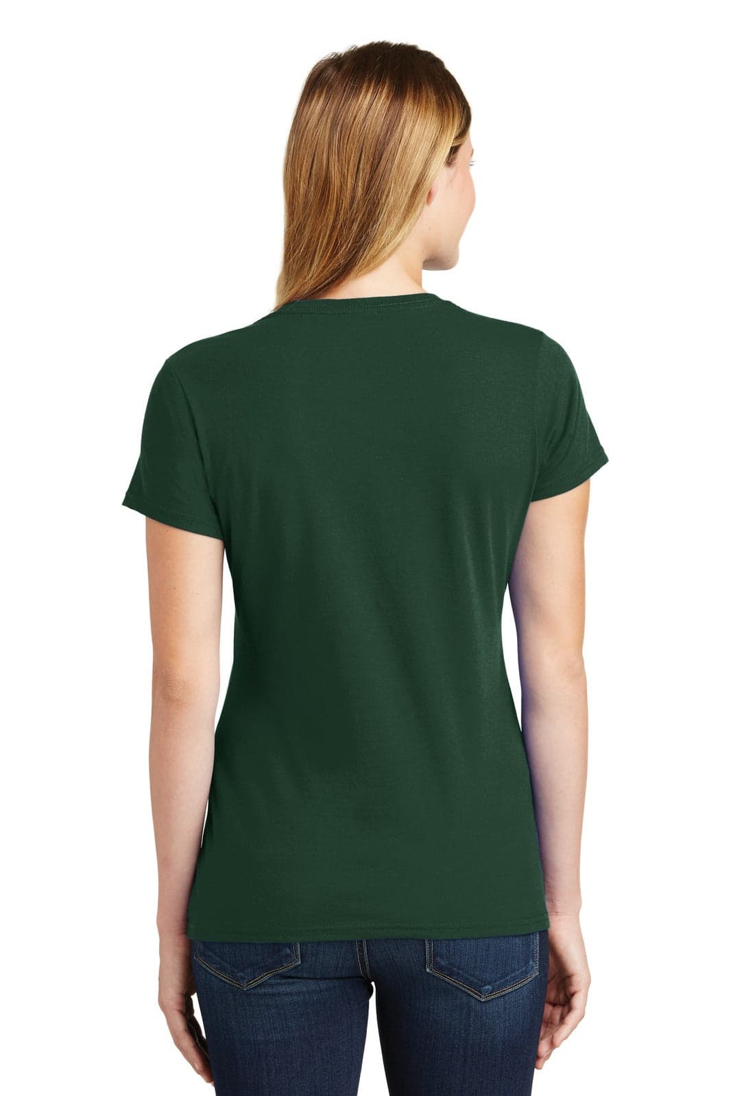 A green ladies' t-shirt featuring a crew neck and short sleeves. The back view shows a simple design and no visible logos.
