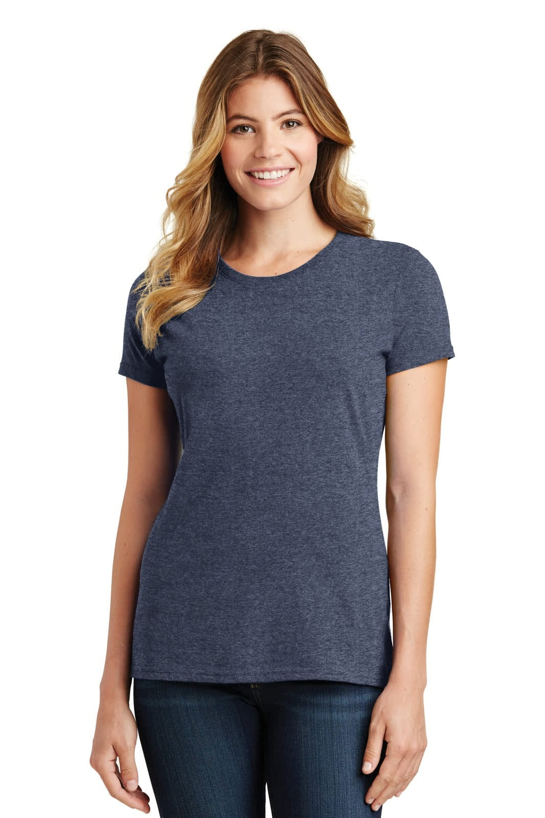 A woman wearing a navy blue short-sleeve t-shirt, standing and smiling. The shirt has a logo.
