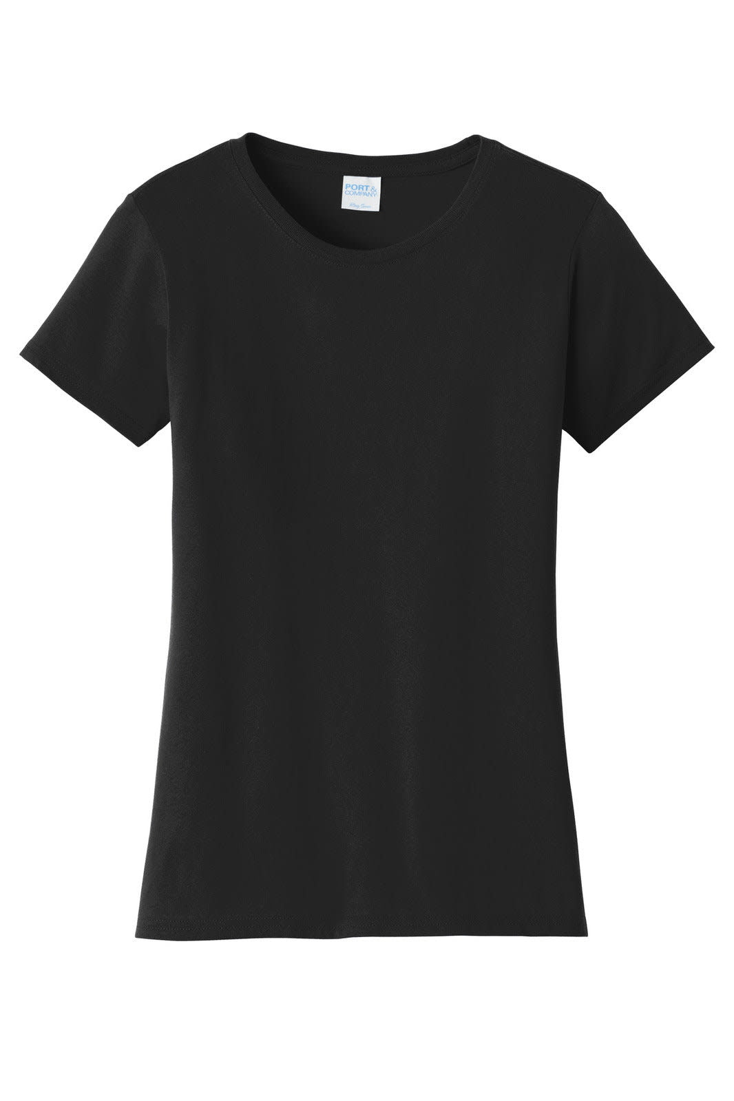 A black ladies' t-shirt with a classic crew neckline and short sleeves, featuring a branding logo.