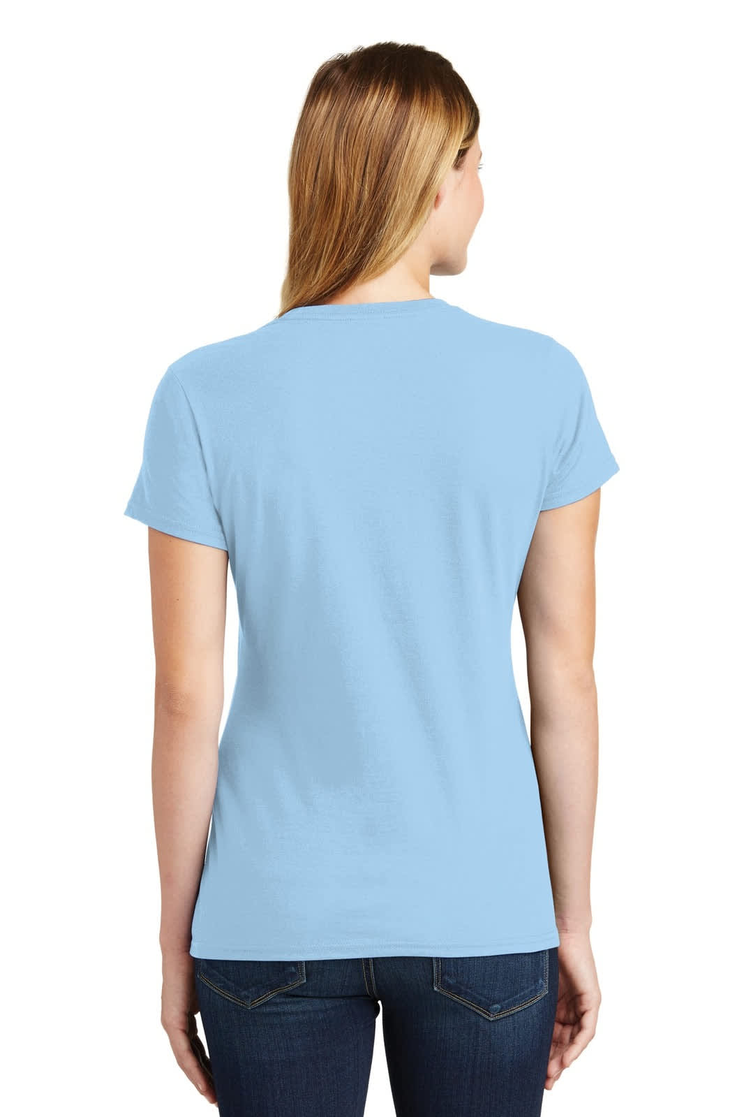 A light blue ladies' t-shirt with a logo, featuring a fitted design and short sleeves.