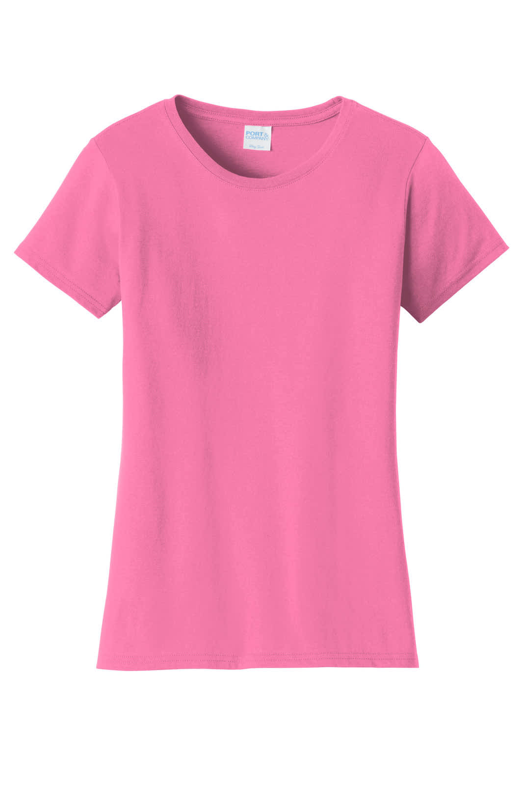A pink ladies' t-shirt with a classic fit and short sleeves. It has a logo on the label.