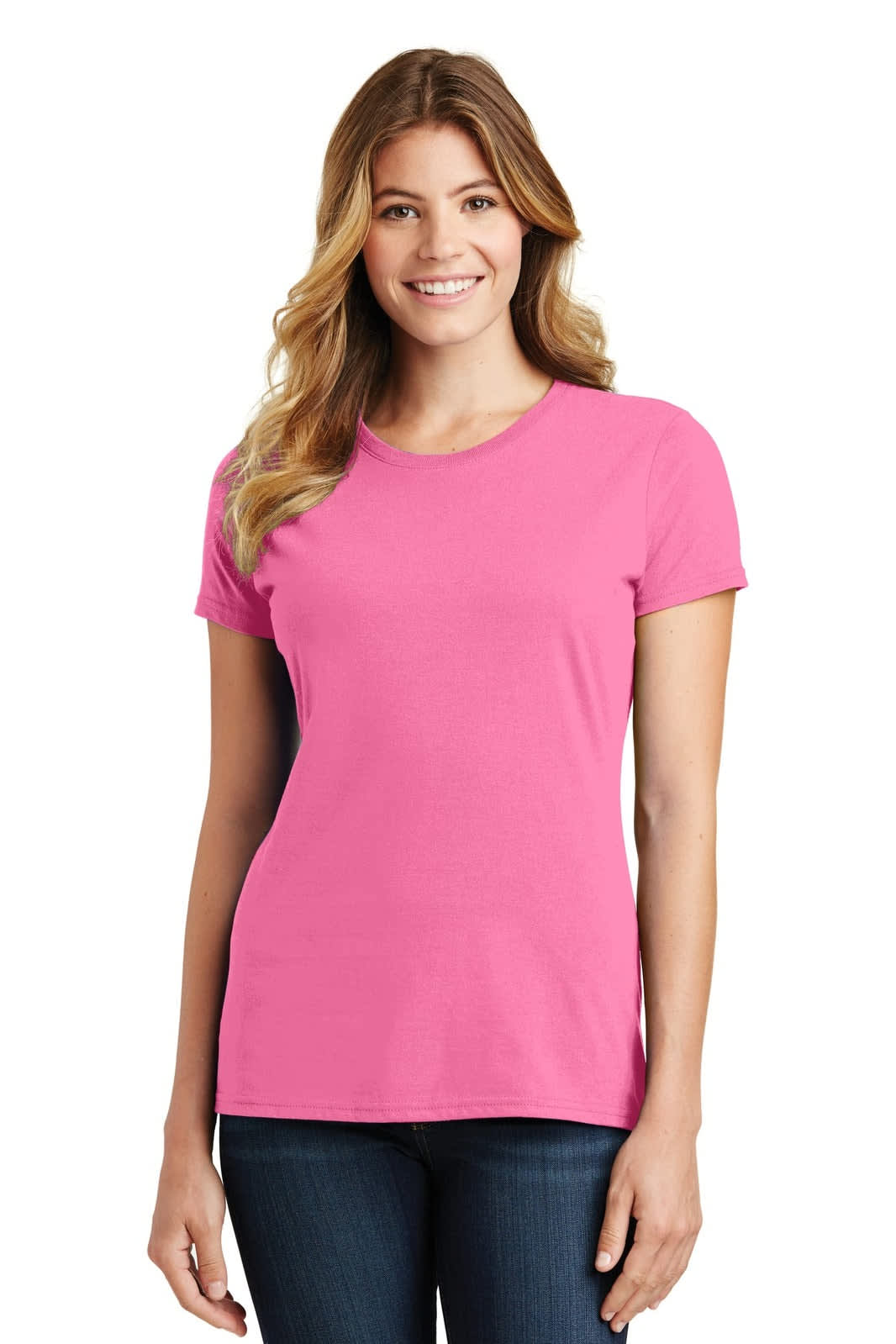 A woman wearing a pink T-shirt with short sleeves, posing against a white background. The shirt has a branding logo.