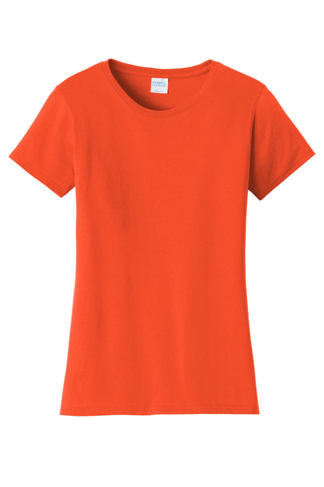 An orange ladies' t-shirt with a fitted design and a crew neck, featuring a brand logo on the label.
