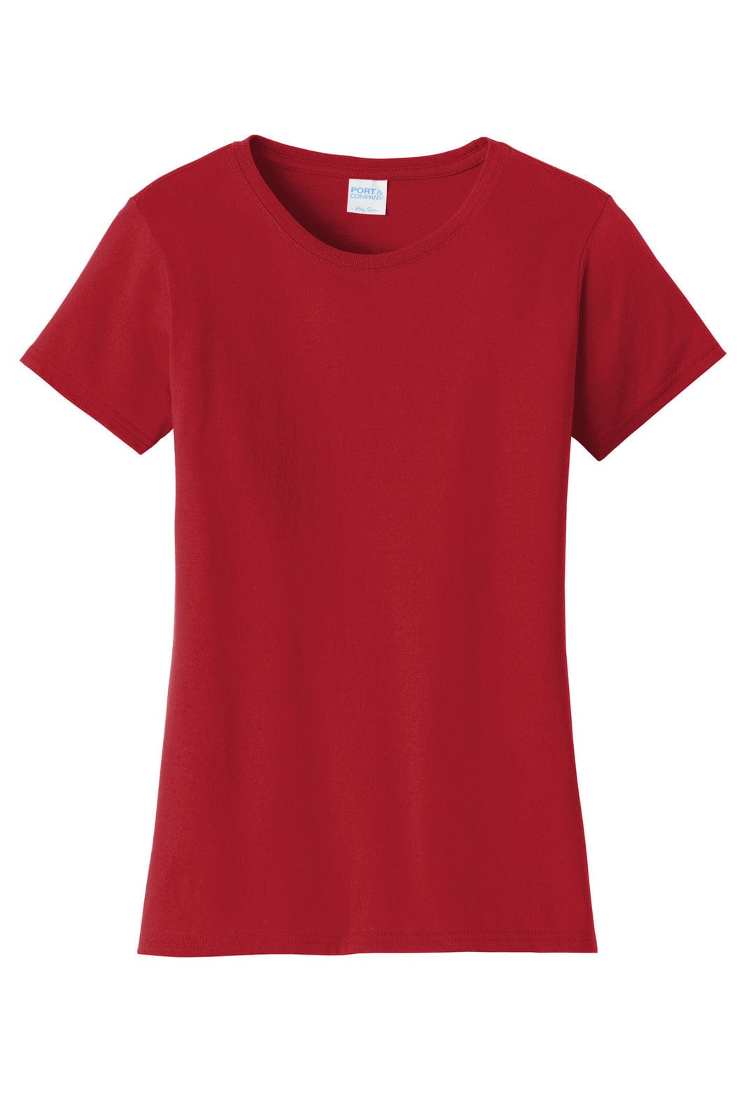 A red ladies T-shirt with a classic cut, featuring a simple design and a logo. Ideal for casual wear.