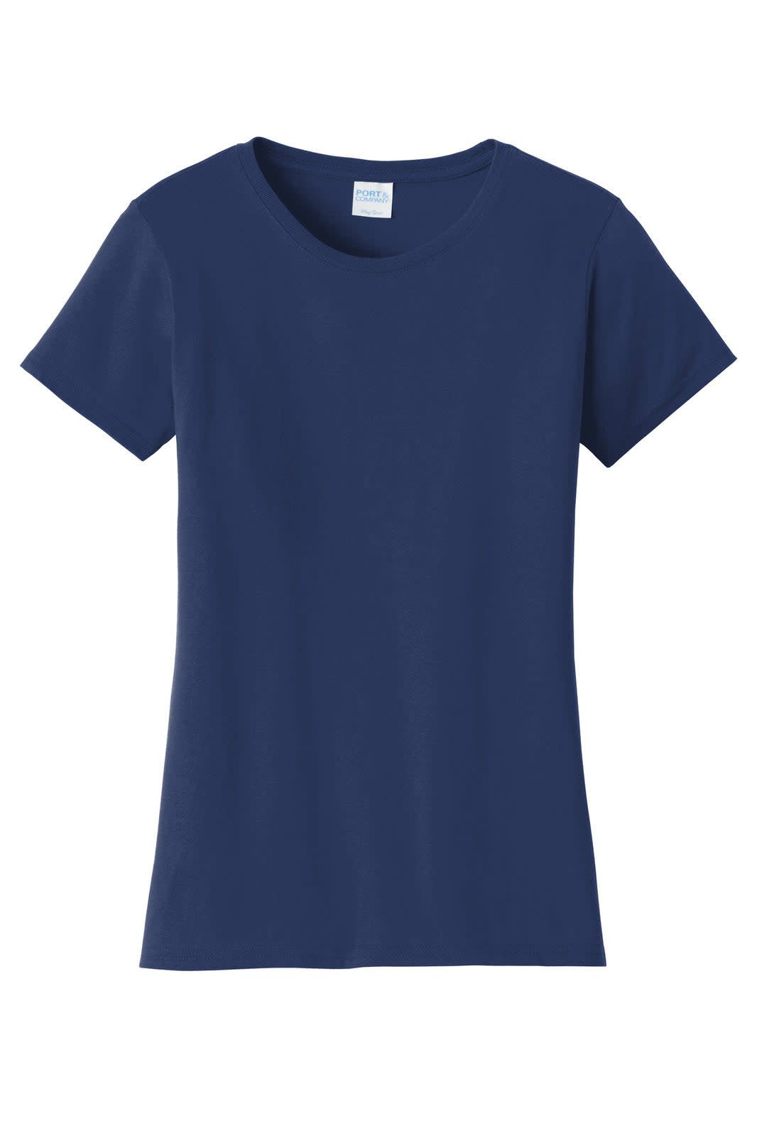 A navy blue ladies' T-shirt with a classic fit and short sleeves, featuring a logo on the label.