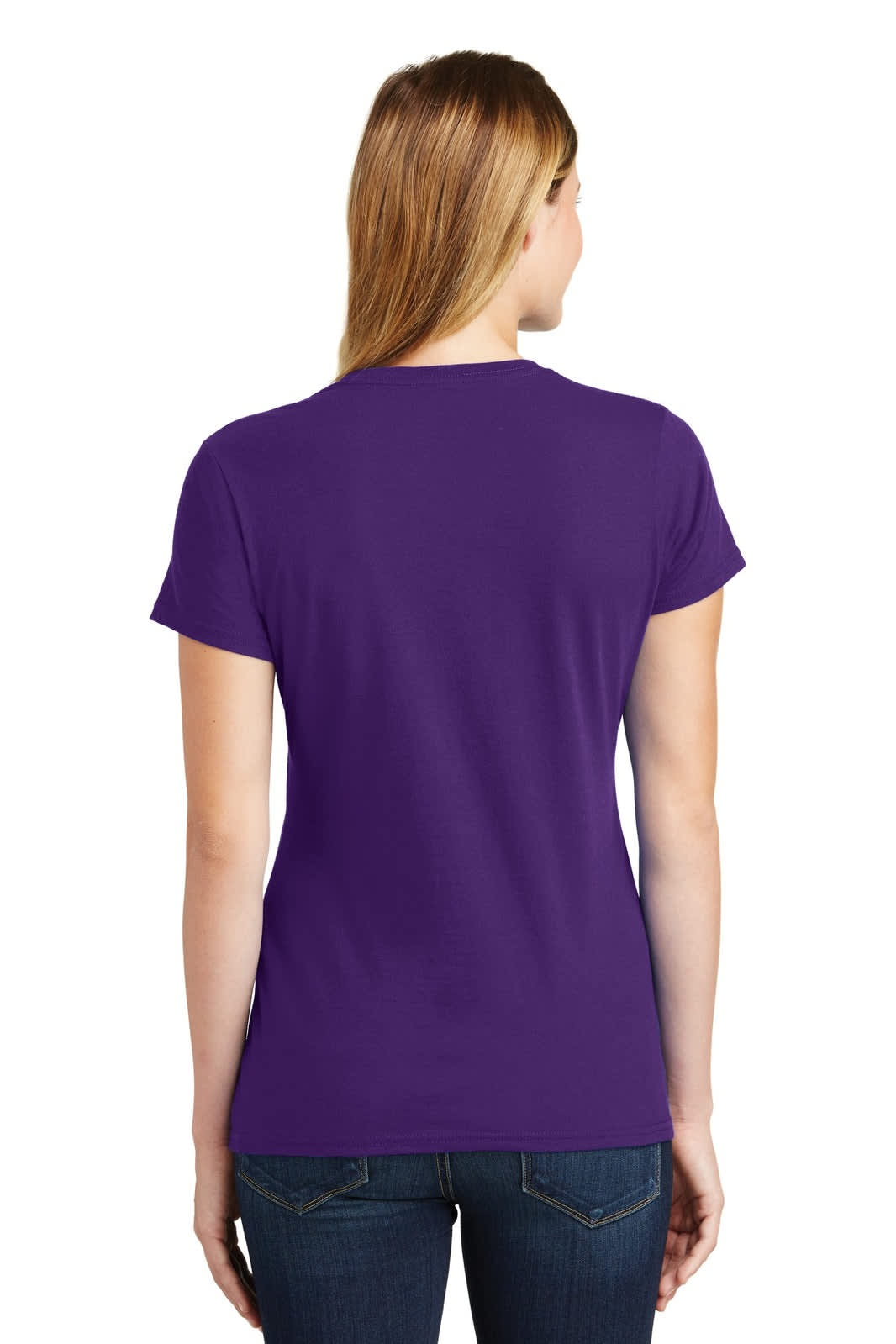 A purple ladies' t-shirt with short sleeves, viewed from the back, featuring a logo on the back.