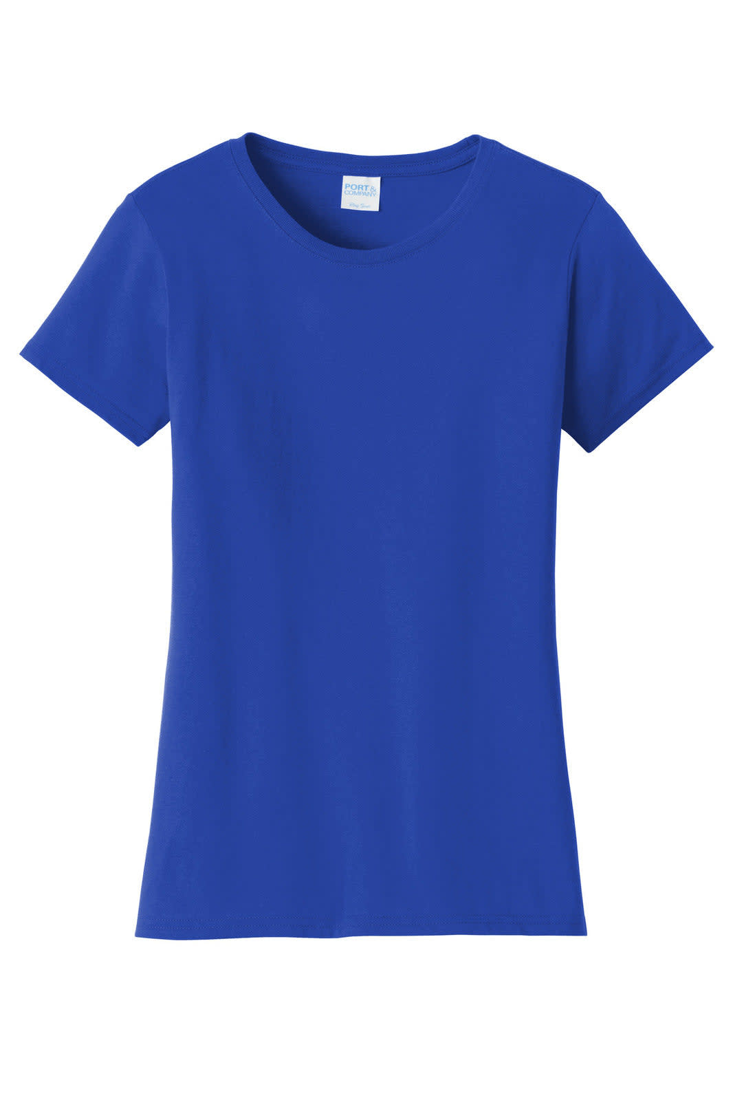 A royal blue ladies t-shirt with a round neckline and short sleeves, featuring a logo on the label.