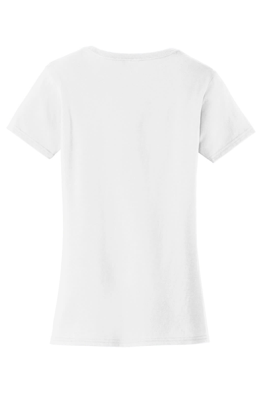 A plain white ladies' t-shirt with a fitted style and short sleeves. Features a branding logo.