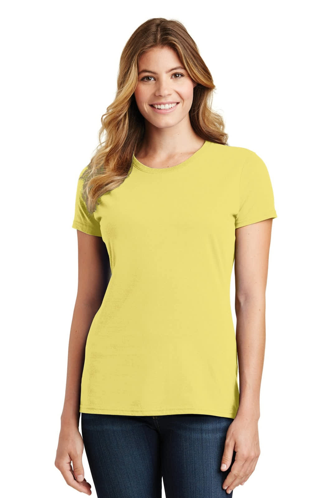 A yellow ladies' t-shirt displayed on a model, featuring a classic fit and short sleeves, with a logo visible.