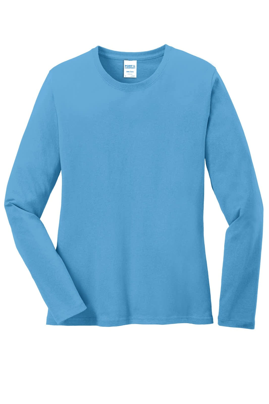 A long sleeve tee in a bright blue colour with a crew neckline and a brand label inside.